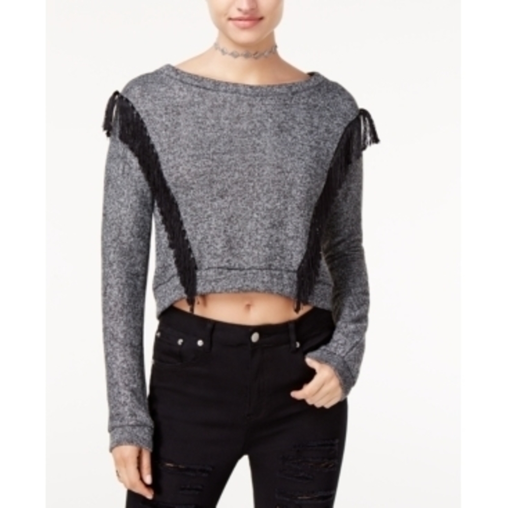 The Edit By Seventeen Juniors Fringe-Trim Marled Gray Sweater, Size S